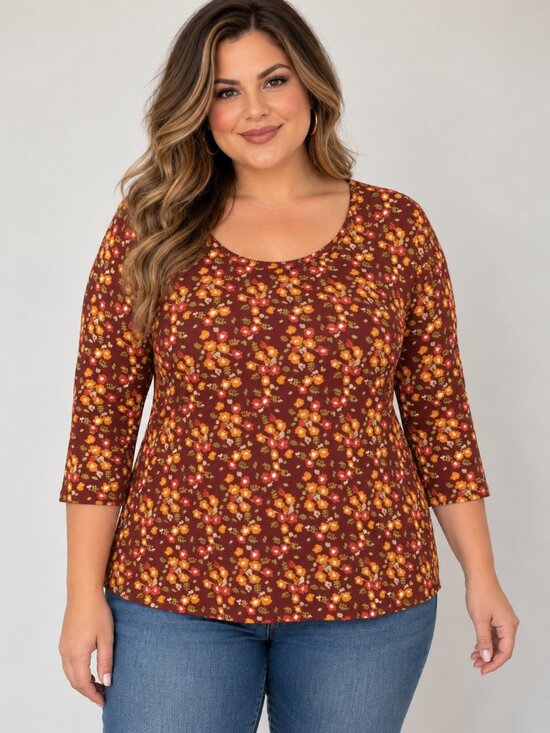 Cato Tops - Cato Brown Orange Floral Print Scoop Neck Long Sleeve Tunic Top Boho Fall